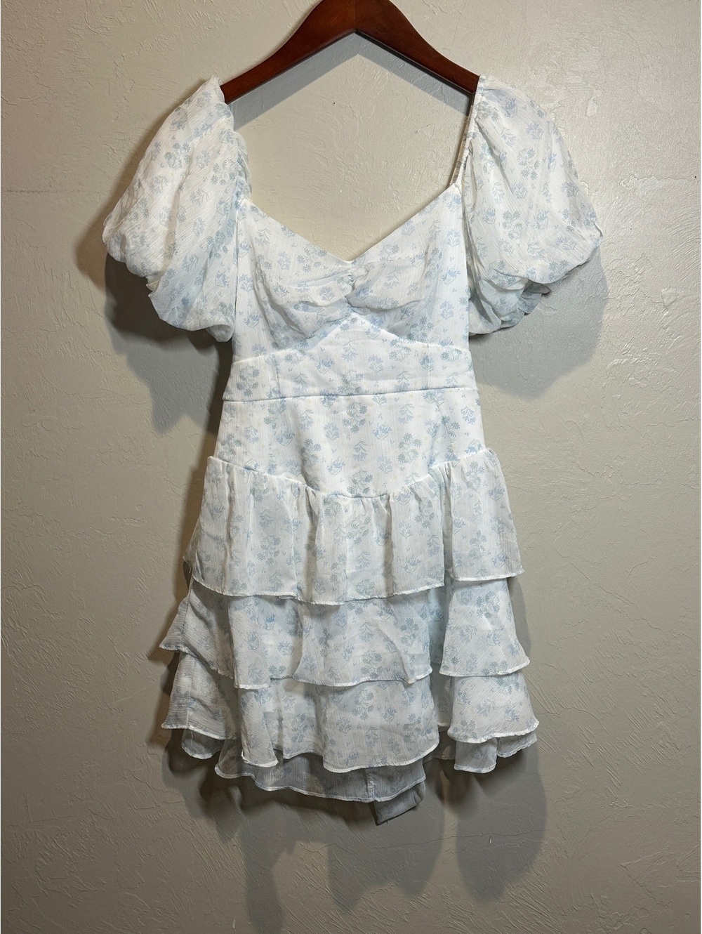Altar'd State White Floral Puff Sleeve Tiered Mini Dress